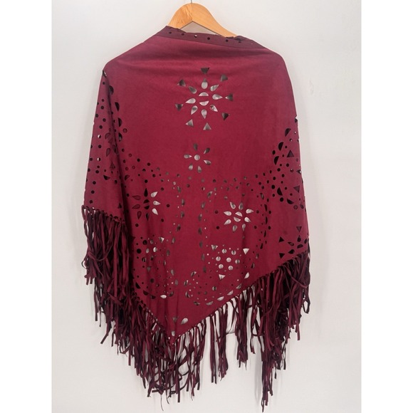 NWT Choies Laser Cut and Fringe Faux Suede Shawl Burgundy Cut Out Whisky Goth - Picture 8 of 8